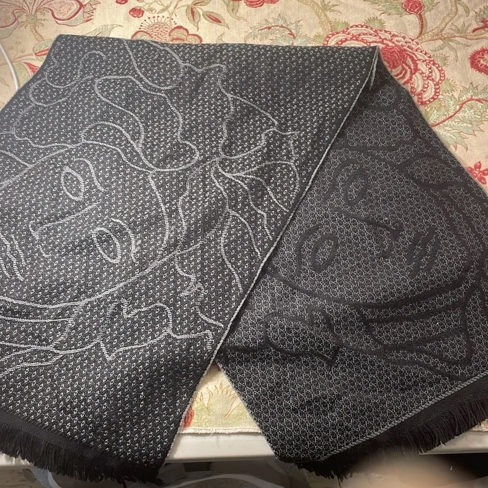 Versace Black and Charcoal Gray Geographic Medusa Fringed Scarf